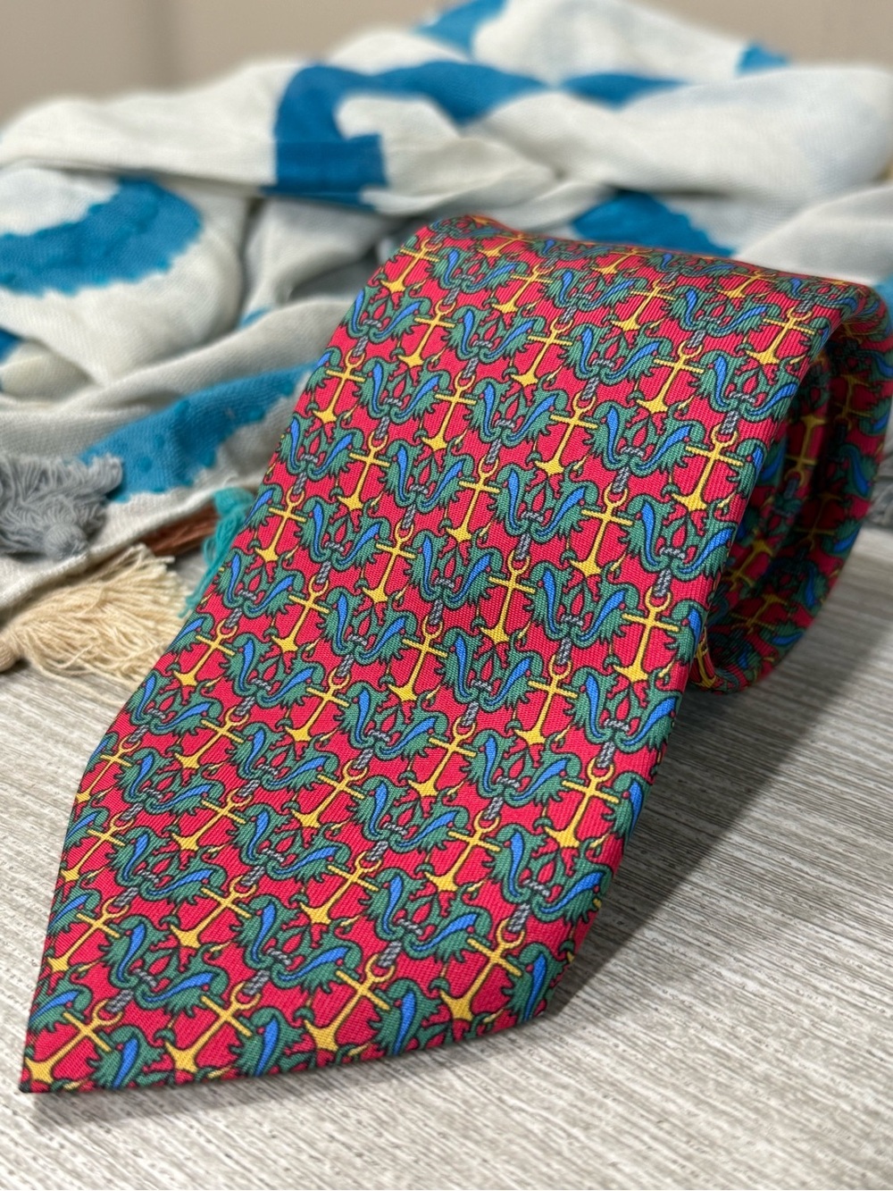 Mens Hermes Paris Gold Anchor & Geometric Patterned Silk Tie